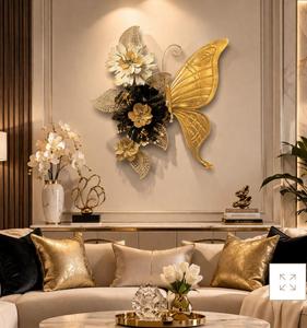 Gold Plated Butterfly Floral Wall <b>Art</b> Handmade Metal Decor Glam Style <b>Large</b> 33-40 Inch Home Decoration - Product Image 3