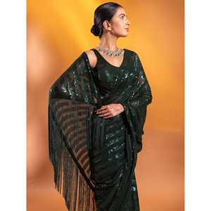 Atractivo verde oscuro Lentejuelas Georgette Mehendi Wear Saree - Product Image 4