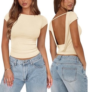 Tops cortos acanalados sin espalda para fitness al por mayor, sujetadores deportivos transpirables de alta elasticidad personalizados, blusas sin espalda - Product Image 4