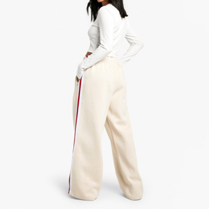 Women Cream Sweatpants With Red And <b>White</b> Side Stripe Elastic Waist Casual Autumn Knitted Pants - Product Image 4