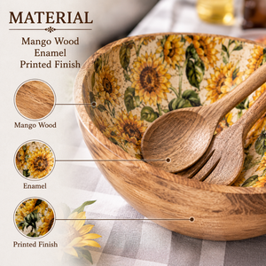 Ensemble de saladiers en bois de manguier faits à la main de qualité supérieure avec finition imprimée émail tournesol, bols de service en bois, vaisselle de cuisine sans danger pour les aliments - Product Image 4