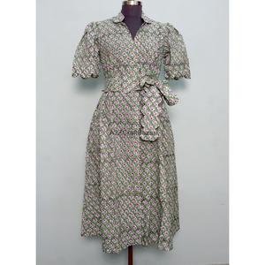 Women's Kangura Eco-friendly 100% Cotton Modern <b>Sweet</b> Floral A-Line Silhouette Midi Dress V-Neck Collar Short Sleeve Button - Product Image 3