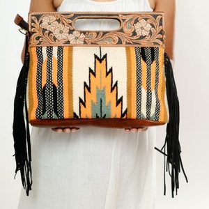 New Hand Tooled Fringe Handbag Jacquard Turquoise Color Handle Sling Bohemian Aztec <b>Fabric</b> <b>Bag</b> Stylish Hot Selling <b>Bag</b> For Women - Product Image 2