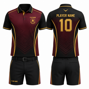 Ensemble polo et short de golf sportif pour femme, bordeaux et noir, séchage rapide, en Spandex/Coton, col polo, taille élastique, boutons sur le devant - Product Image 1