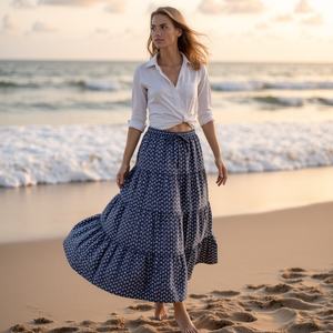 Indigo Grey Block Print Falda gitana Bohemia escalonada de moda de verano para mujer Hermosa para usar todo el día - Product Image 1