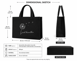 Just Breathe Dandelion <b>Canvas</b> <b>Tote</b> Bag Large Size Daily Shopping Bag Hand Length Handle Black - Product Image 2