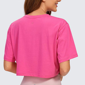 Camiseta Corta de Verano para Mujer, Color Rosa, Estilo Oversize, Lavado Ácido, Manga Regular, Cuello Redondo, Tejido de Punto, Color Sólido, Informal, Transpirable, 100% Algodón - Product Image 6