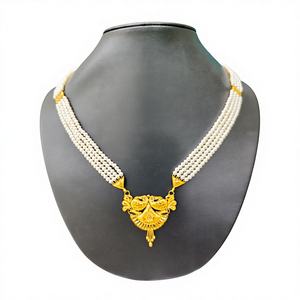 Conjunto de collar de perlas de oro macizo de 22 quilates, cuatro capas de perlas blancas, colgante floral, joyería nupcial india tradicional para mujeres - Product Image 1