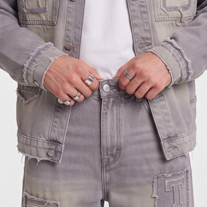 Chaqueta de mezclilla para hombre con parches desgastados, estilo oversize, corte holgado, tipo chándal, ropa exterior - Product Image 4