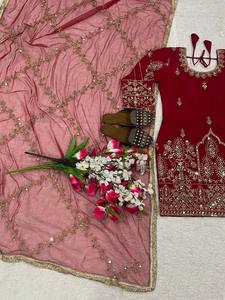 Conjunto de Salwar Kameez pakistaní de lujo con bordado de vino y dupatta de red, traje de diseñador étnico para fiestas y bodas para mujer - Product Image 6