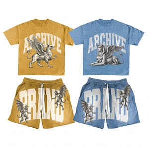 Vintage Acid Washed <b>Blank</b> Mens Summer Two Pieces Set Customized <b>Weight</b> logo Graphics Colors Drawstring Shorts and T-shirt Set - Product Image 4