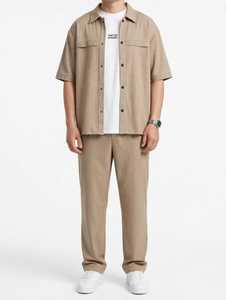 Conjunto Deportivo Casual de Verano 2 en 1 para Hombre, Camisa Ligera de Manga Corta a Rayas Beige de Algodón y Pantalones Largos - Product Image 3