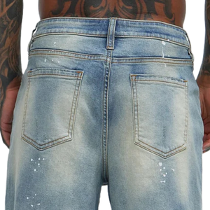 Shorts en jean bleu clair pour homme 100 % coton, cinq poches, coupe droite, décontracté, longueur genou, ourlet brut, effet éclaboussures, séchage rapide - Product Image 4