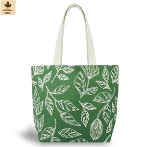 Sac fourre-tout de plage en jute non laminé, imprimé feuilles vertes, 42 x 32 x 14 cm, avec poignée plate en ruban de coton blanc de 60 cm, logo personnalisé, vente en gros - Product Image 2