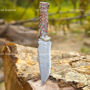 Couteau de chasse d'extérieur à lame fixe en acier Damas, pointe tombante, épaisseur 0,5 mm, avec poignée en forme de cône de pin et étui en cuir, couteaux OEM à marque privée - Product Image 2