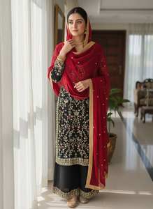 Salwar Kameez noir élégant brodé avec dupatta rouge – Tenue de soirée ethnique pakistanaise et indienne de luxe pour femme - Product Image 2
