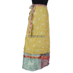 Indian Multi Layered <b>Long</b> Silk Wrap <b>Skirts</b> Women Wear Vintage Silk Sari <b>Long</b> Length Wrap Around <b>Skirt</b> 2 Layer Reversible Vintage - Product Image 3