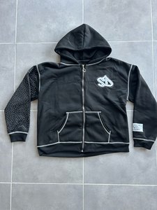 Sudadera con capucha negra para hombre con cremallera, logo de diamantes de imitación, estilo urbano de felpa francesa, corte oversize, para otoño - Product Image 5