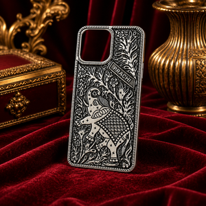 Coque de téléphone portable en argent sterling 925 de qualité supérieure, oxydée, avec gravure florale d'éléphant - Product Image 1