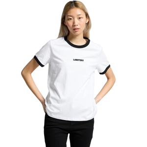 T-shirt à col rond et manches courtes pour femme, avec bordure contrastante, coupe classique, imprimé discret sur la poitrine, en jersey de coton, style Ringer, vente en gros, personnalisable, OEM - Product Image 4
