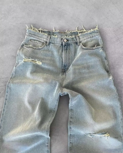 Jean en denim déchiré à taille haute et coupe droite, coupe ample, délavage vieilli, en coton, style décontracté, pour l'automne - Product Image 3