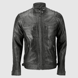Quilted Shoulder Classic College Style <b>Trucker</b> Leather <b>Jackets</b> <b>Jacket</b> Vintage Motorcycle Leather <b>Jacket</b> for Men - Product Image 6