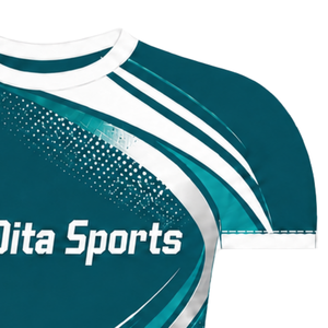 Camiseta Deportiva de Compresión de Manga Corta Color Verde Azulado Oscuro y Blanco con Cuello Redondo y Gráfico de Olas para Entrenamiento Deportivo - Product Image 4