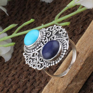 Handmade 925 Sterling <b>Silver</b> Lapis Lazuli Turquoise Bezel Setting Wedding <b>Ring</b> Natural Multi Gemstone Artisan Dotted <b>Statement</b> - Product Image 5