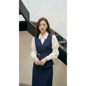 Ensemble tailleur femme prêt à expédier : Gilet et jupe bleu marine avec chemise blanche à manches bouffantes – Tenue de bureau élégante – Meilleur prix – Approvisionnement direct - Product Image 1
