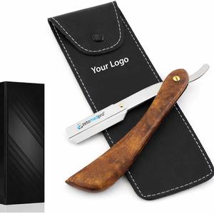 Navaja de Afeitar Recta de Acero Inoxidable con Mango de Madera, Hoja Afilada, Agarre Cómodo, Funda de Cuero y Opción de Personalización de Marca - Product Image 1