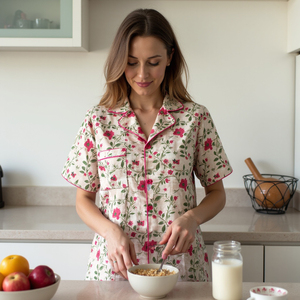 Conjunto de pijama elegante para mujer de calidad superior, Diseño Artesanal informal, camisa y pantalones cortos florales de color rosa crema - Product Image 4