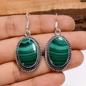 Boucles d'oreilles ovales en malachite naturelle, style vintage, argent sterling 925, bijoux bohèmes faits à la main, cadeau pour elle - Product Image 1