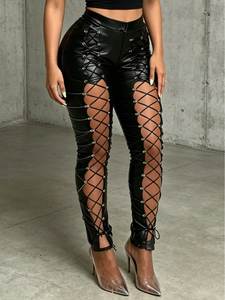 <b>Black</b> <b>Lace</b> Genuine Leather Pants High Waist Gothic Formal Skinny Fit Full Length Eco-Friendly Breathable Winter Clubwear Button - Product Image 1