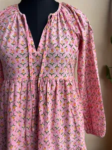 Vestido corto de algodón estampado rosa, túnica india con estampado a mano, ropa de playa, vestido de fiesta de verano, vestido étnico para mujer con cintura natural - Product Image 4