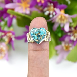Bague en argent sterling 925 avec pierre précieuse naturelle turquoise bleue en forme de cœur, style bohème, bijoux fins faits à la main pour les fêtes - Product Image 2