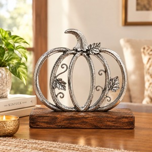 Objeto Decorativo de Calabaza Plateada sobre Base de Madera, Decoración Rústica Otoñal para Mesa, Adorno para Acción de Gracias - Product Image 2