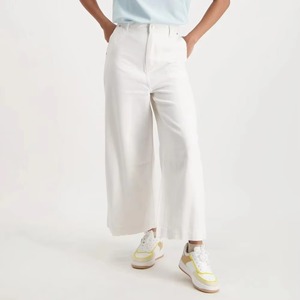Pantalon décontracté taille haute en coton blanc coupe droite ample style été couleur unie tissu tissé - Product Image 5