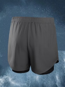 Shorts de sport gris uni pour hommes, personnalisables, séchage rapide, avec bande latérale, taille à cordon de serrage, longueur mi-cuisse, en polyester tissé - Product Image 2