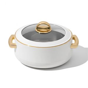 White Casserole <b>Pot</b> With Gold Handles And <b>Glass</b> Lid Round Minimalist Design Durable Enamel Coating For Gas And Induction <b>Cookers</b> - Product Image 1