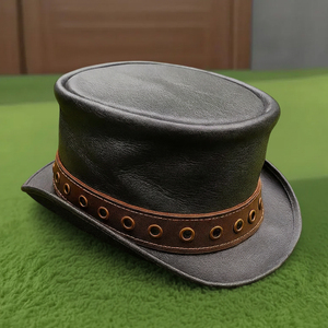 OEM/ODM custom made wholesales Handmade Leather Black Top <b>Hat</b> with Brown Grommet <b>Band</b> Steampunk Cosplay Gothic - Product Image 3