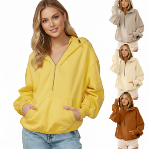 Sudadera con capucha de punto para mujer, manga larga, casual, ligera, con bolsillo y media cremallera, para otoño - Product Image 1