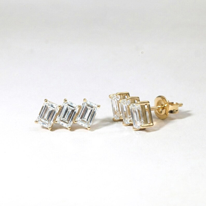 Luxury Lab Grown Diamond Triple <b>Emerald</b> Cut Baguette Cluster <b>Stud</b> Earrings Gold Geometric Ear Climber Dainty Minimalist Jewelry - Product Image 4