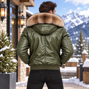 Chaqueta de Cuero para Hombre con Capucha de Piel de Zorro Auténtica, Abrigo de Invierno Cálido y a la Moda para Motociclistas |   Chaqueta de Cuero para Hombre |   Chaqueta de cuero - Product Image 6