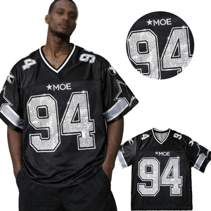 Custom Unisex American Football Jersey Streetwear Shiny Crystal Rhinestone Oversized Hip Hop Mesh Top Wholesale OEM - Product Image 1