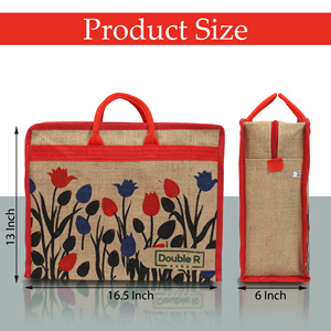 Floral Printed <b>Foldable</b> Jute Shopping Gift Tote <b>Bag</b> with Zipper Closure and Double Loop Handle - Product Image 5