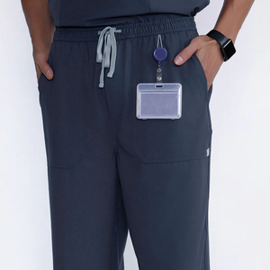 Unisex Dark Blue Canvas Scrub Set Cotton Polyester Hospital Uniform Pants with <b>ID</b> <b>Holder</b> and Stethoscope Hook Seamless Fusing - Product Image 3
