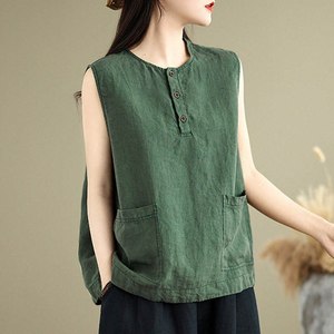Women <b>Linen</b> Cotton Solid Woven Sleeveless Shirt Loose Fit Henley Tank Summer Casual Pullover with Side Pockets - Product Image 4