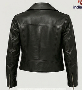 Chaqueta de Motociclista para Mujer, Negra, de Piel de Oveja Cruda, Premium, Corte Ajustado, Cierre Asimétrico, Acolchada, Resistente al Viento, Elegante, Invernal, Estilo Vanguardista - Product Image 3