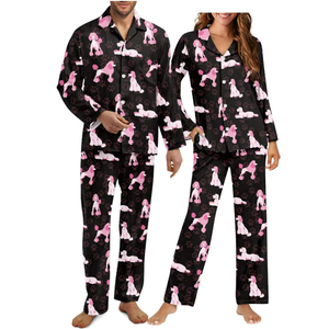 Custom Logo Low MOQ Polyester Couples <b>Pyjamas</b> Set Valentine's Long Sleeve Sleepwear Suit Couple 2 Piece Lounge Wear - Product Image 2