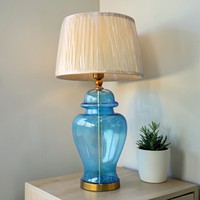 Lampu Meja Kaca Biru Kap Lampu Kain Beige Sederhana Tradisional Dekoratif Pencahayaan Ruang Tamu E27 LED AC 110V-265V Saklar